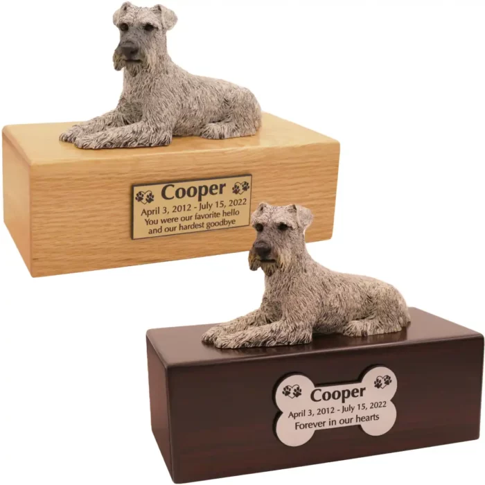 Budget dog figurine cremation urn, oak or walnut, with laying silver Schnauzer figurine, engraved acrylic plaque