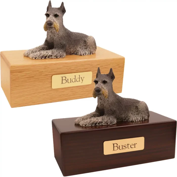 Budget dog figurine cremation urn, oak or walnut, with laying black & silver ears up Schnauzer figurine, engraved brass plaque