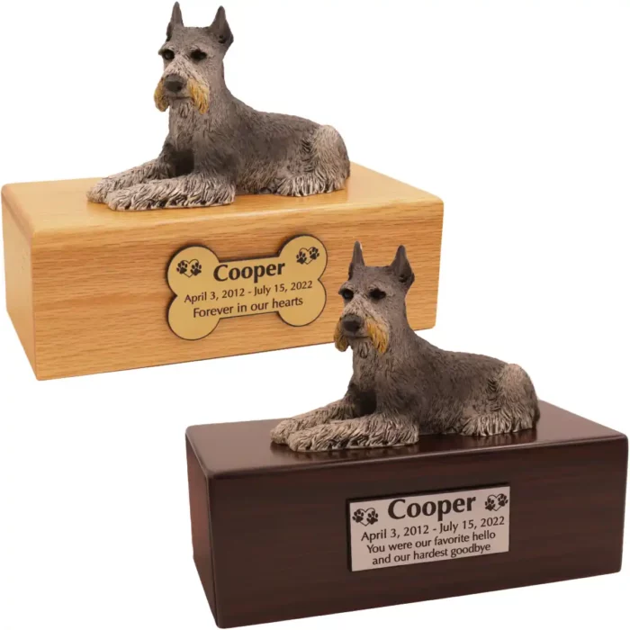 Budget dog figurine cremation urn, oak or walnut, with laying black & silver ears up Schnauzer figurine, engraved acrylic plaque