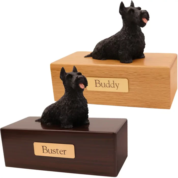 Budget dog figurine cremation urn, oak or walnut, with black scottish terrier figurine, engraved brass plaque