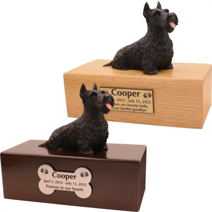 Budget dog figurine cremation urn, oak or walnut, with black scottish terrier figurine, engraved acrylic plaque