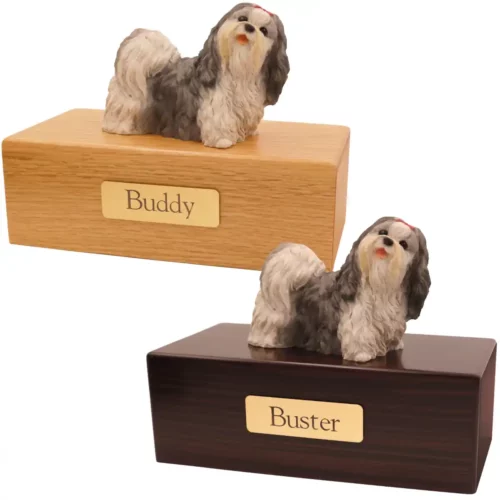 Budget dog figurine cremation urn, oak or walnut, with shih tzu figurine, engraved brass plaque