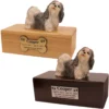 Budget dog figurine cremation urn, oak or walnut, with shih tzu figurine, engraved acrylic plaque