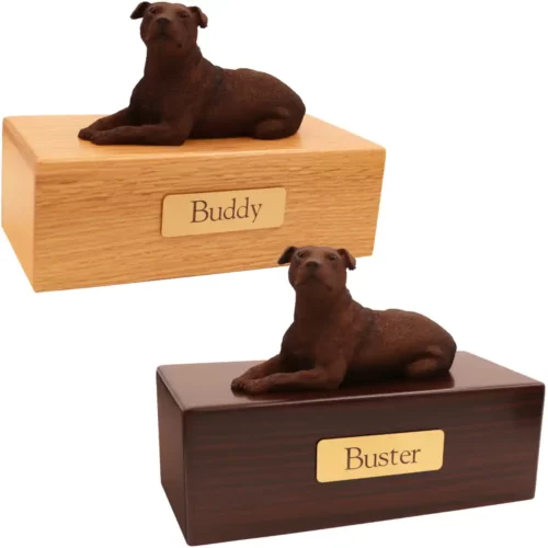 Budget dog figurine cremation urn, oak or walnut, with shih tzu figurine, engraved brass plaque