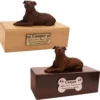 Budget dog figurine cremation urn, oak or walnut, with staffordshire terrier figurine, engraved acrylic plaque