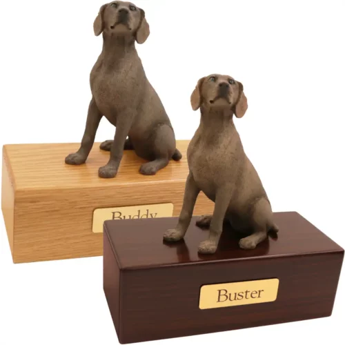 Budget dog figurine cremation urn, oak or walnut, with gray weimaraner figurine, engraved brass plaque