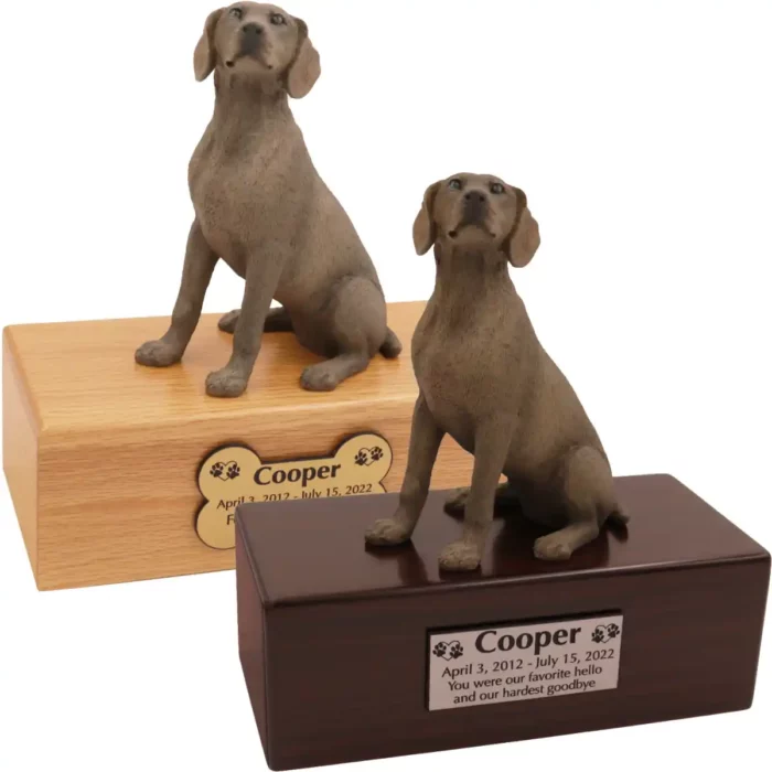 Budget dog figurine cremation urn, oak or walnut, with gray weimaraner figurine, engraved acrylic plaque