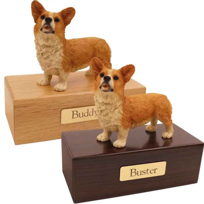 Budget dog figurine cremation urn, oak or walnut, with welsh corgi figurine, engraved brass plaque