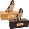 Budget dog figurine cremation urn, oak or walnut, with liver/white springer spaniel figurine, engraved brass plaque