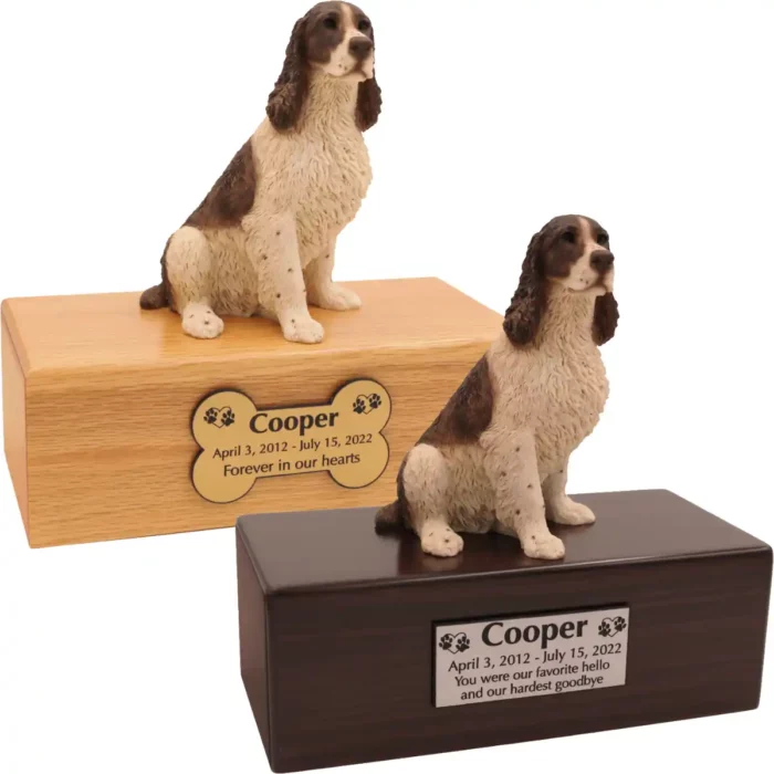 Budget dog figurine cremation urn, oak or walnut, with liver/white springer spaniel figurine, engraved acrylic plaque