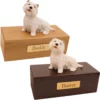 Budget dog figurine cremation urn, oak or walnut, with westie west highland terrier figurine, engraved brass plaque