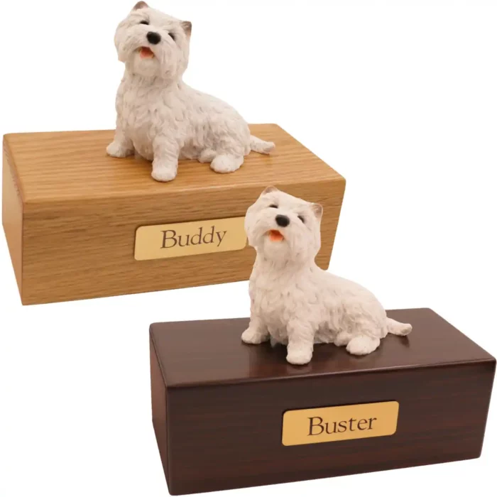 Budget dog figurine cremation urn, oak or walnut, with westie west highland terrier figurine, engraved brass plaque