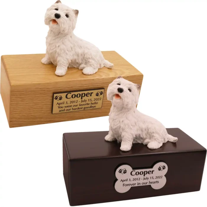 Budget dog figurine cremation urn, oak or walnut, with westie west highland terrier figurine, engraved acrylic plaque