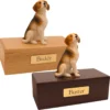 Budget dog figurine cremation urn, oak or walnut, with sitting beagle figurine, engraved brass plaque