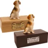 Budget dog figurine cremation urn, oak or walnut, with sitting beagle figurine, engraved acrylic plaque