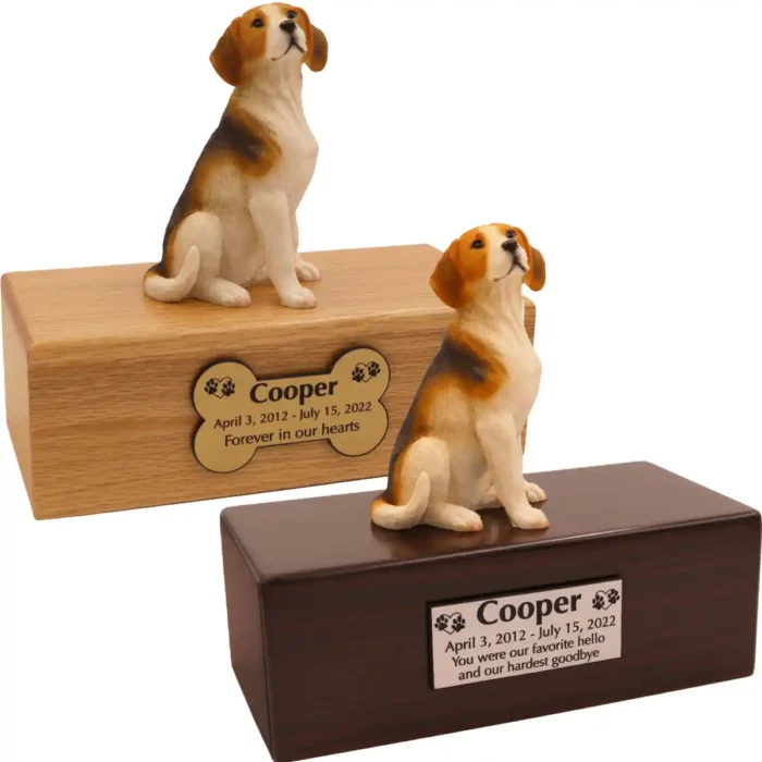 Budget dog figurine cremation urn, oak or walnut, with sitting beagle figurine, engraved acrylic plaque