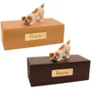 Budget dog figurine cremation urn, oak or walnut, with jack russell terrier figurine, engraved brass plaque