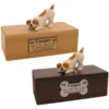 Budget dog figurine cremation urn, oak or walnut, with jack russell terrier figurine, engraved acrylic plaque