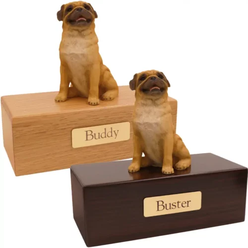 Budget dog figurine cremation urn, oak or walnut, with sitting pug figurine, engraved brass plaque