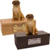 Budget dog figurine cremation urn, oak or walnut, with sitting pug figurine, engraved acrylic plaque