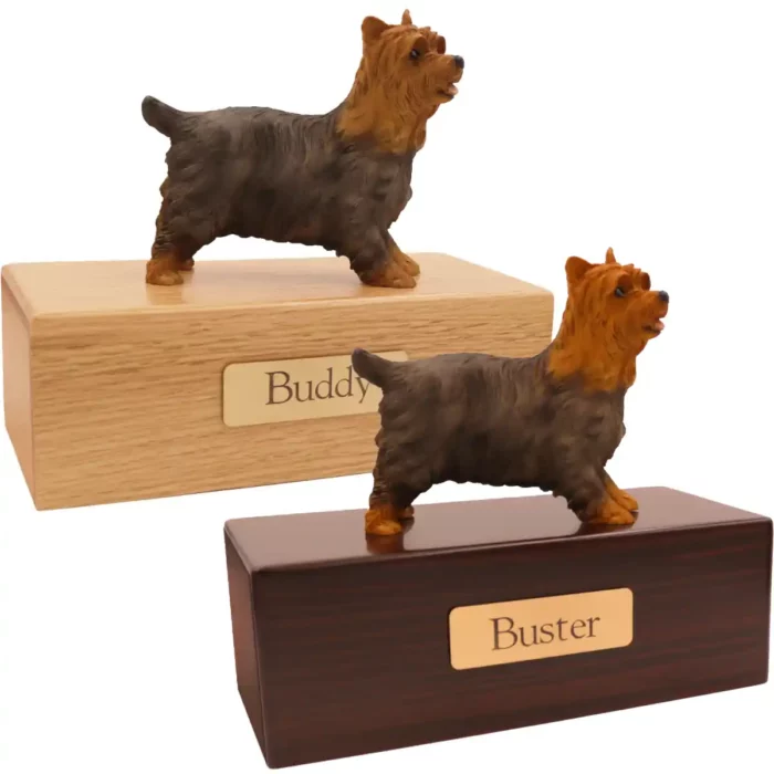 Budget dog figurine cremation urn, oak or walnut, with standing yorkshire terrier figurine, engraved brass plaque