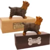 Budget dog figurine cremation urn, oak or walnut, with standing yorkshire terrier figurine, engraved acrylic plaque