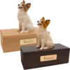 Budget dog figurine cremation urn, oak or walnut, with sitting papillon figurine, engraved brass plaque