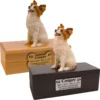 Budget dog figurine cremation urn, oak or walnut, with sitting papillon figurine, engraved acrylic plaque