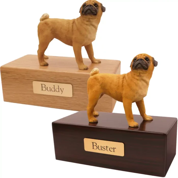 Budget dog figurine cremation urn, oak or walnut, with standing pug figurine, engraved brass plaque