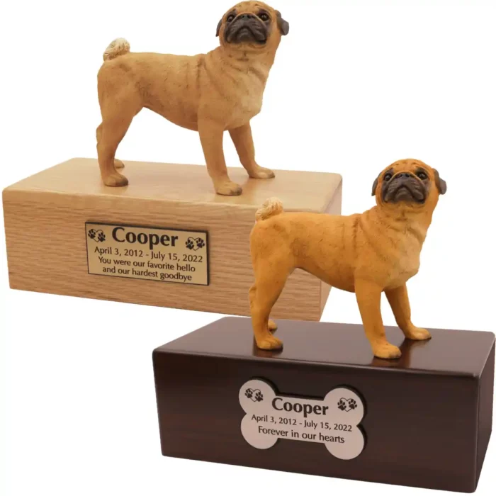 Budget dog figurine cremation urn, oak or walnut, with standing pug figurine, engraved acrylic plaque