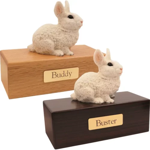 Budget pet figurine cremation urn, oak or walnut, with white rabbit figurine, engraved brass plaque