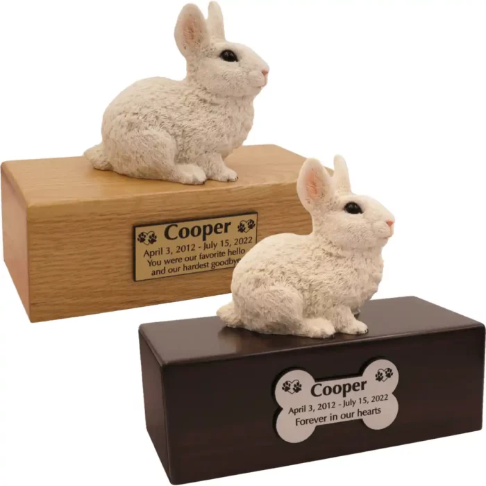 Budget pet figurine cremation urn, oak or walnut, with white rabbit figurine, engraved acrylic plaque