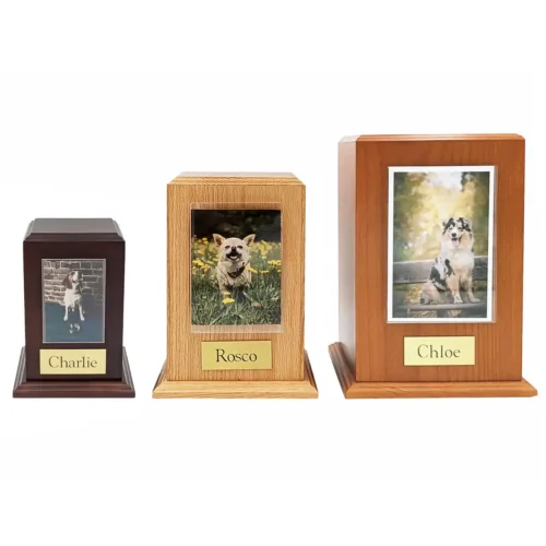 Wood pet photo holder tower cremation urn, 3 sizes, cherry, oak, walnut