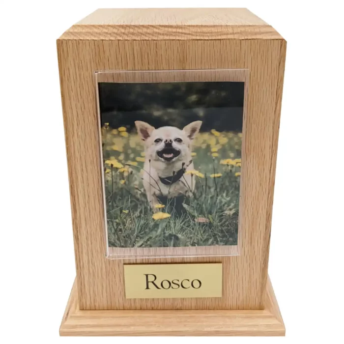 Wood pet photo holder tower cremation urn, medium, oak