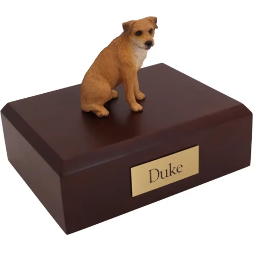 Memorial cremation urn with sitting border terrier dog figurine