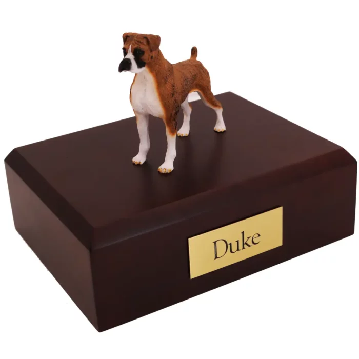 Memorial pet cremation urn with standing brindle ears down dog figurine