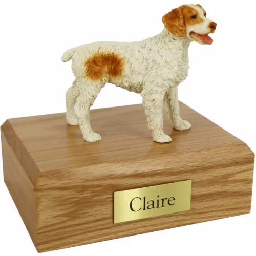 Memorial pet cremation urn with standing brown & white Brittany dog figurine