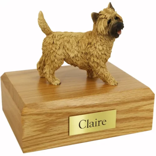 Memorial pet cremation urn with standing cairn terrier dog figurine