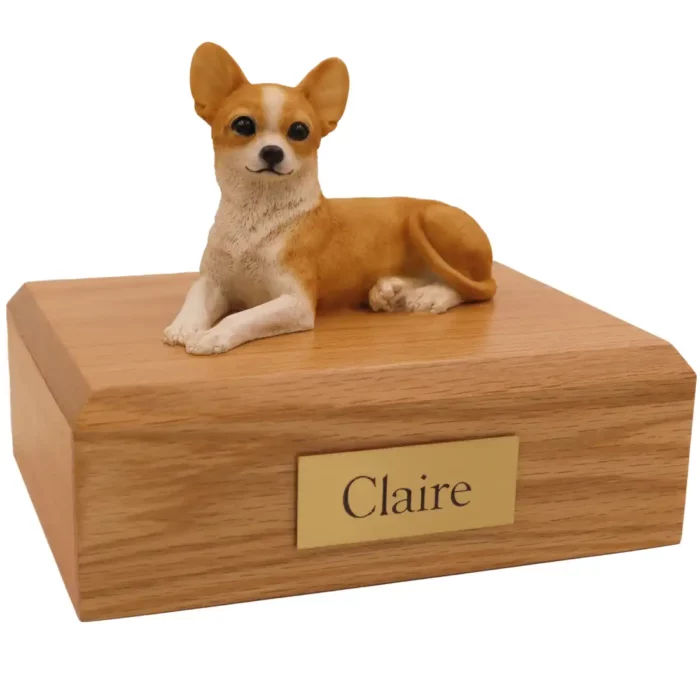 Memorial pet cremation urn with laying chihuahua dog figurine