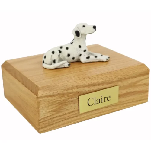 Memorial pet cremation urn with laying Dalmatian dog figurine