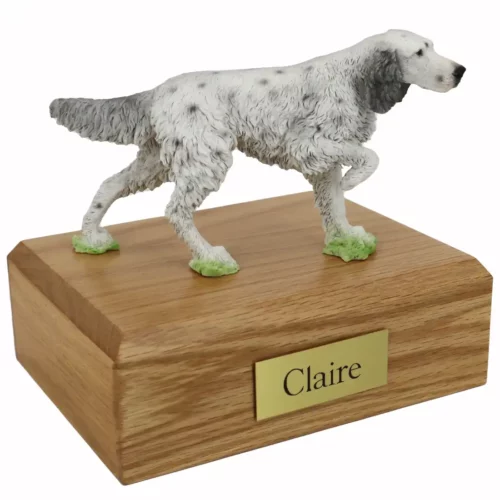 Memorial pet cremation urn with standing english setter dog figurine