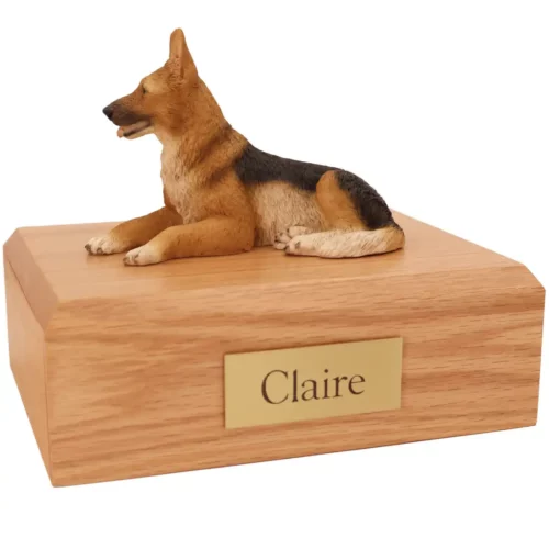 Memorial pet cremation urn with German Shepherd dog figurine