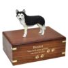 Husky dog figurine cremation urn, black and white with brown eyes, engraved, gold fill