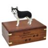 Husky dog figurine cremation urn, black and white with brown eyes, engraved