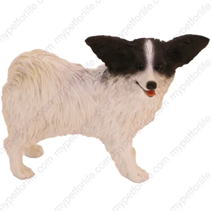 Standing Black & White Papillon dog figurine for memorial urn, front