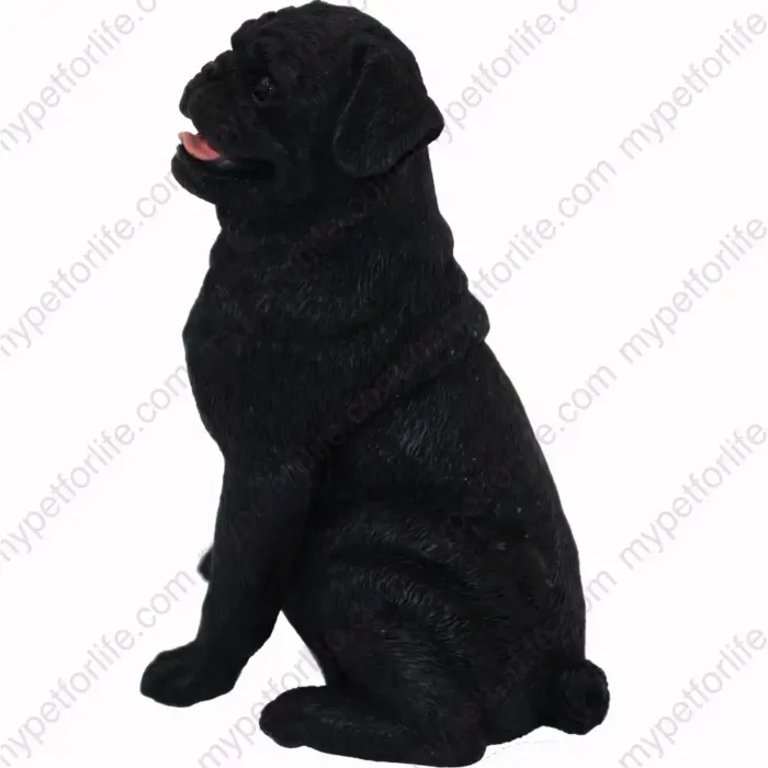 Sitting Black Pug dog figurine for memorial urn, side