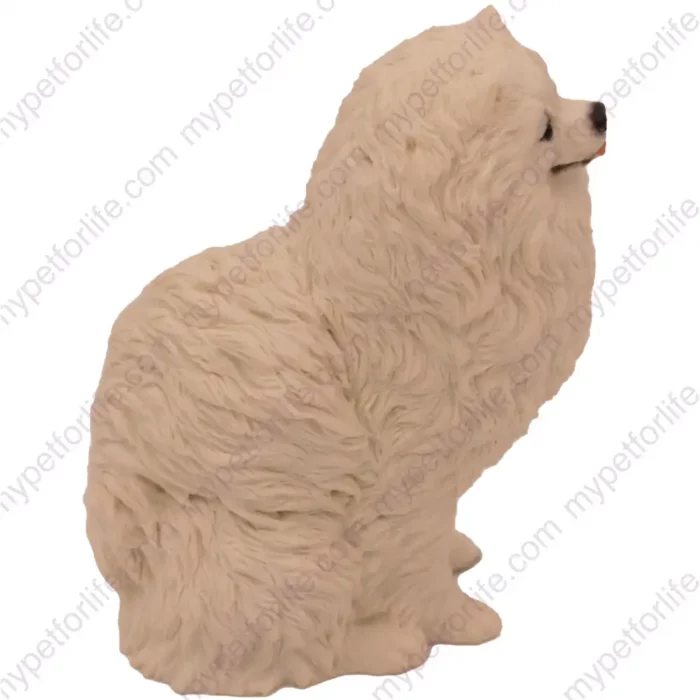 White Pomeranian dog figurine for memorial urn, side