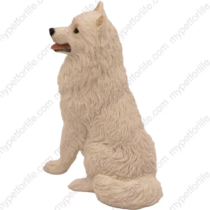 Sitting White Samoyed dog figurine for memorial urn, side