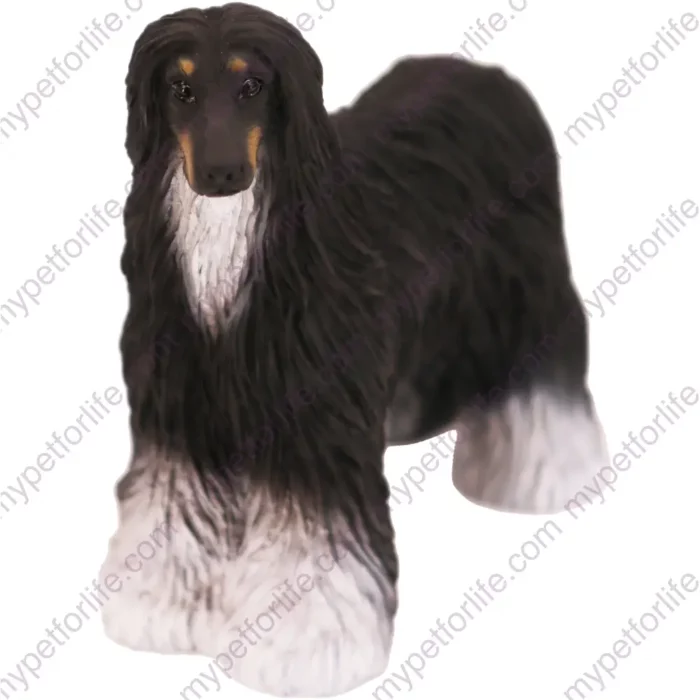 Black and white Afghan dog figurine for memorial urn, front