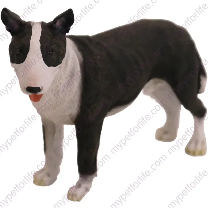 White and black brindle Bull Terrier Dog figurine for memorial urn, front